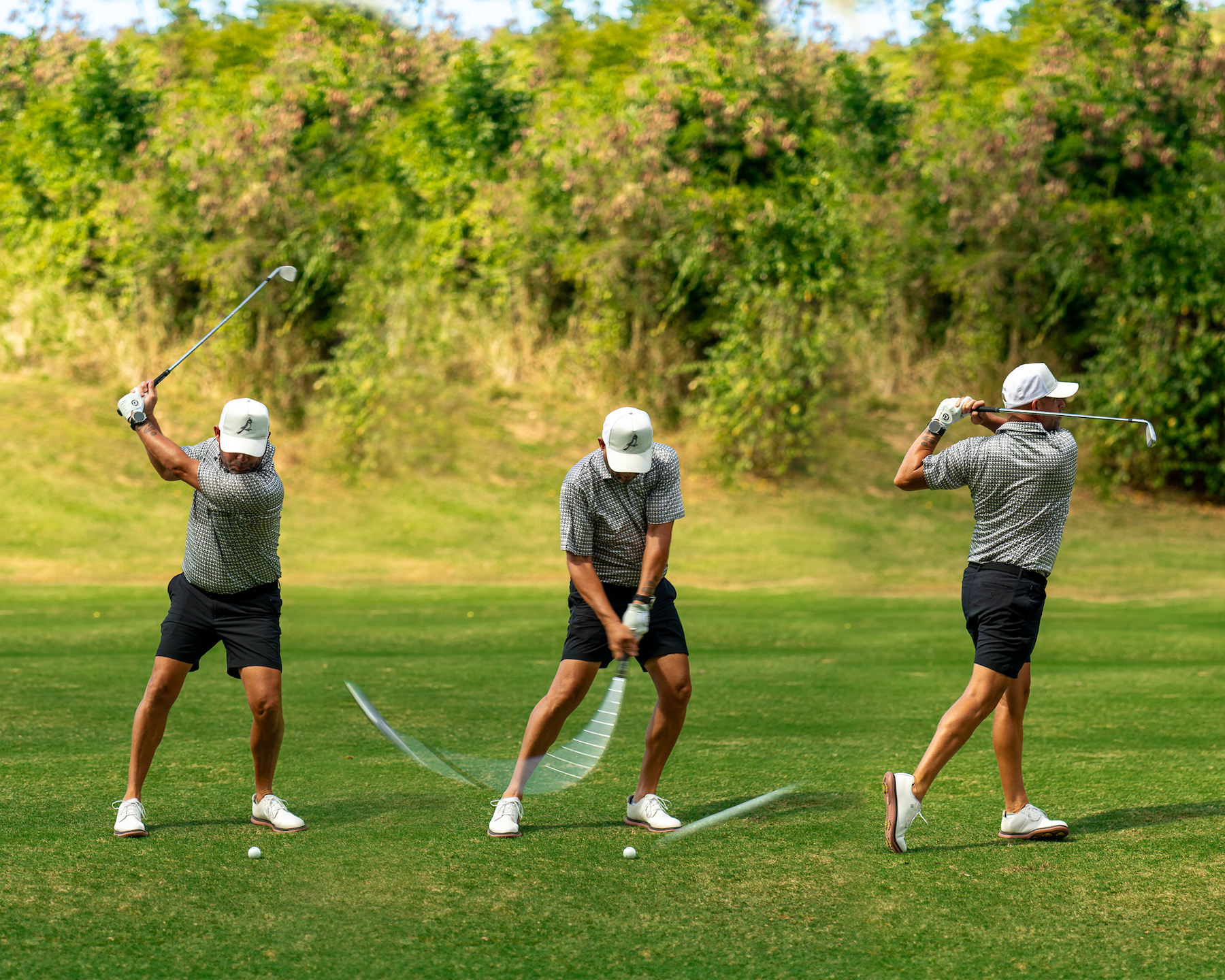 A golfer's swing, captured in three moments on the course